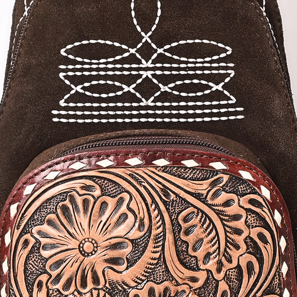 ADBG1573 American Darling Genuine Suede Leather Sling Bag with Hand Tooled Floral Front & Buck Stitch Details