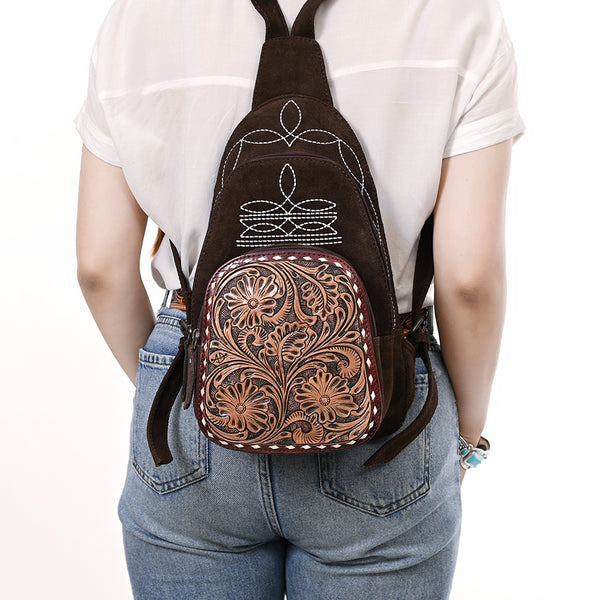 ADBG1573 American Darling Genuine Suede Leather Sling Bag with Hand Tooled Floral Front & Buck Stitch Details