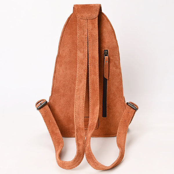 ADBG1573 American Darling Genuine Suede Leather Sling Bag with Hand Tooled Floral Front & Buck Stitch Details