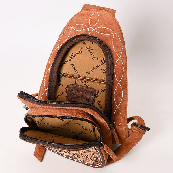 ADBG1573 American Darling Genuine Suede Leather Sling Bag with Hand Tooled Floral Front & Buck Stitch Details