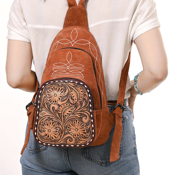 ADBG1573 American Darling Genuine Suede Leather Sling Bag with Hand Tooled Floral Front & Buck Stitch Details