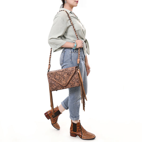 ADBG1581 American Darling Western Leather Envelope Bag with Fringe and Hand-Tooled Detailing