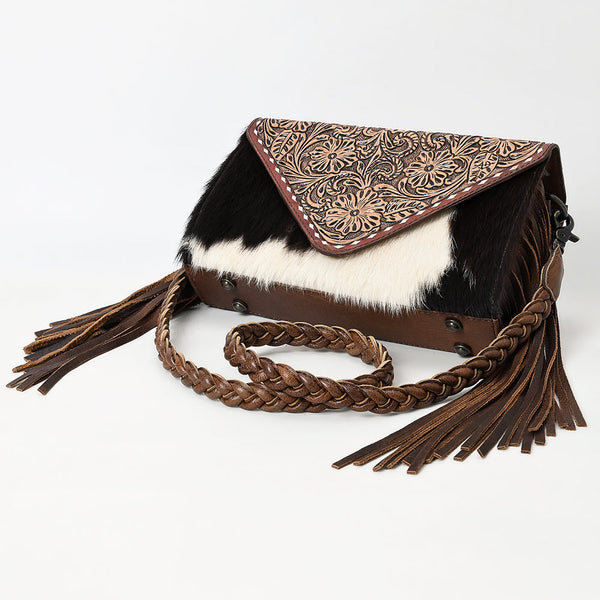ADBG1582 American Darling Western Hand-Tooled Floral Envelop Bag with Hair-On Cowhide and Braided Strap