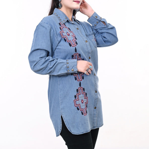 ADDR017 American Darling Denim Shirt Western Aztec Embroidered Studded Tunic Top
