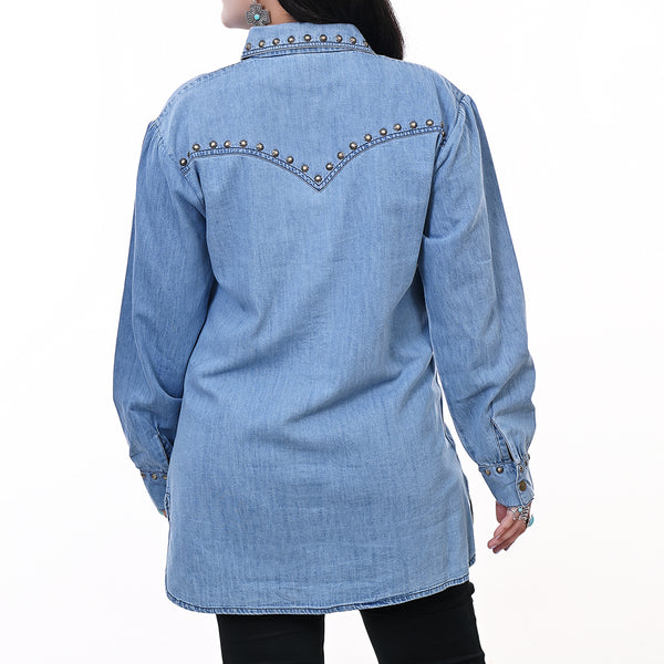 ADDR017 American Darling Denim Shirt Western Aztec Embroidered Studded Tunic Top