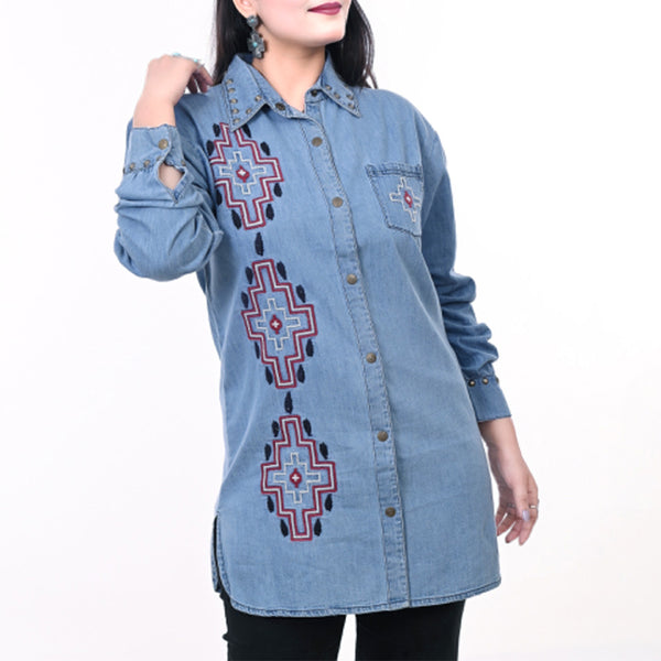 ADDR017 American Darling Denim Shirt Western Aztec Embroidered Studded Tunic Top