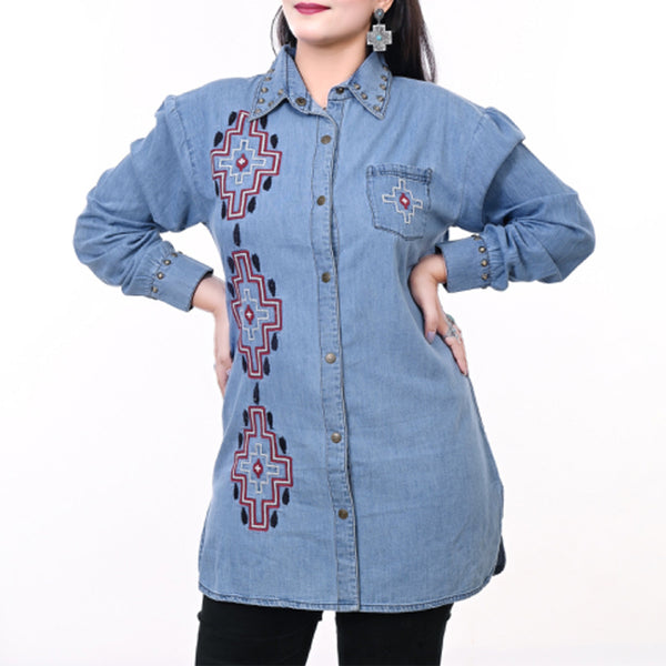 ADDR017 American Darling Denim Shirt Western Aztec Embroidered Studded Tunic Top