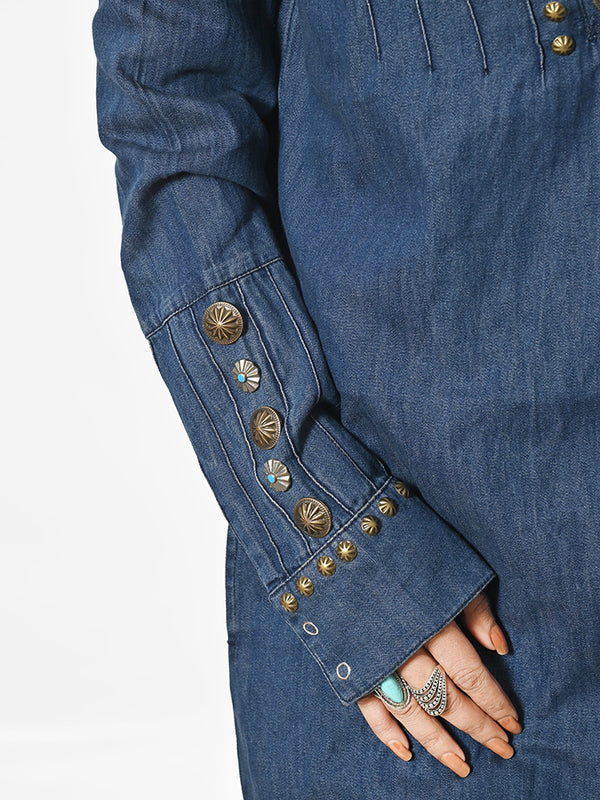 ADDR018 American Darling Denim Dress Western Studded Concho Pleated Tunic