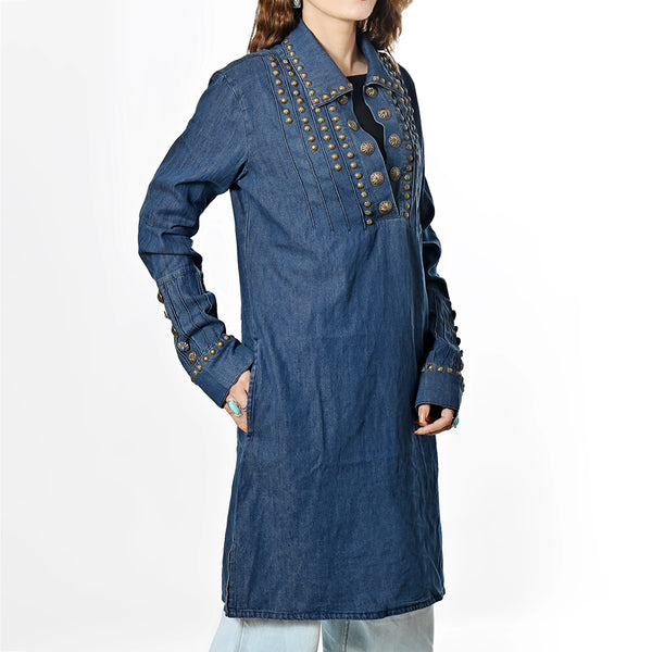ADDR018 American Darling Denim Dress Western Studded Concho Pleated Tunic