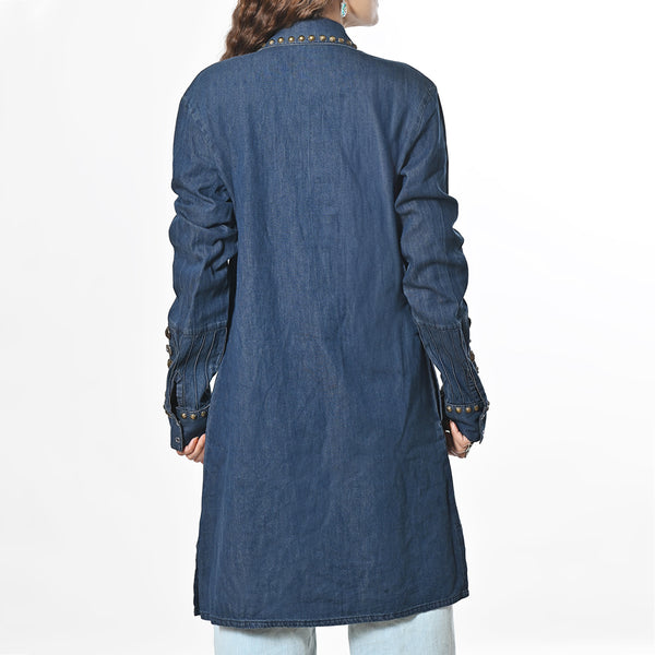 ADDR018 American Darling Denim Dress Western Studded Concho Pleated Tunic