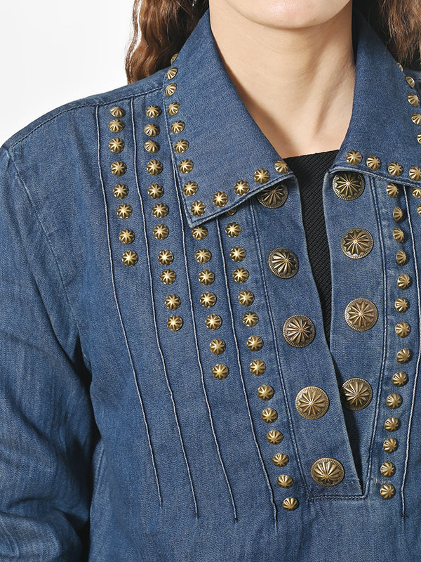 ADDR018 American Darling Denim Dress Western Studded Concho Pleated Tunic