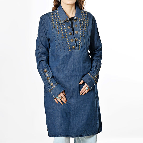 ADDR018 American Darling Denim Dress Western Studded Concho Pleated Tunic