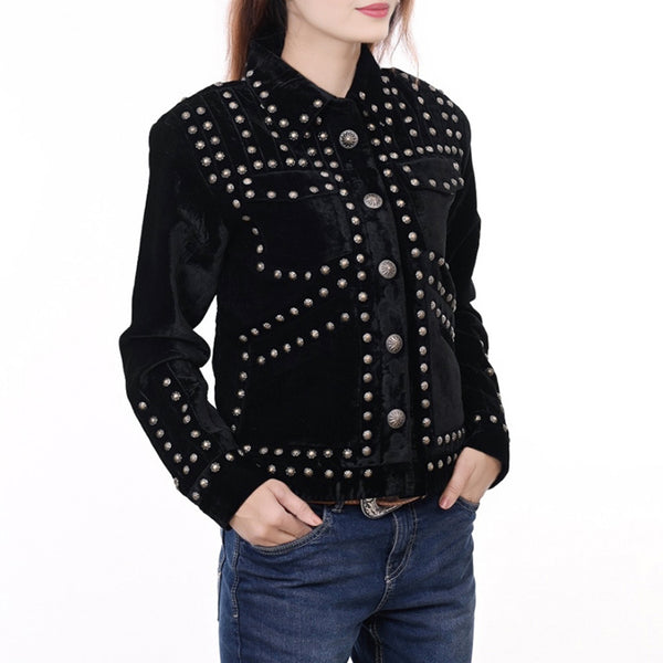 ADDR020 American Darling Black Velvet Fabric Jacket Western Studded Concho Button Down Top