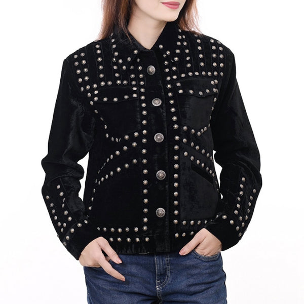 ADDR020 American Darling Black Velvet Fabric Jacket Western Studded Concho Button Down Top