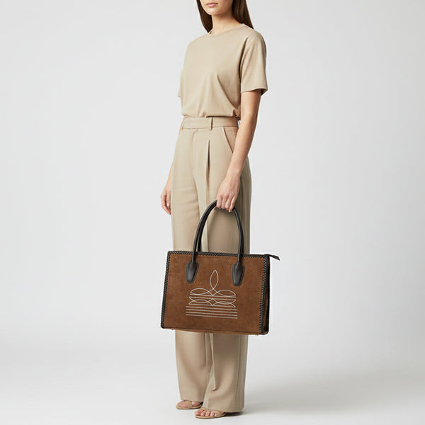 ADBGM484 Genuine suede Western Tote - White Stitch Detail with Braided Trim & Black Leather Handles
