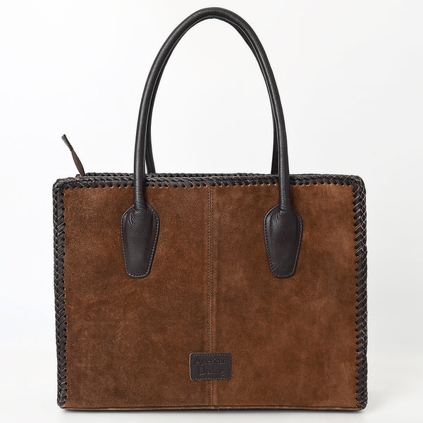 ADBGM484 Genuine suede Western Tote - White Stitch Detail with Braided Trim & Black Leather Handles