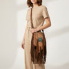 ADBGM485 Distressed Leather Fringe Messenger - Western Turquoise Concho & Studded Strap