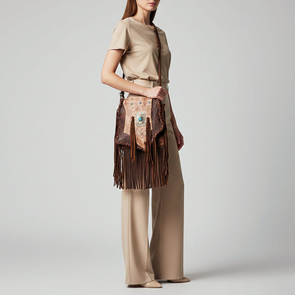 ADBGM487 Two-Tone Leather Fringe Messenger - Western Turquoise Concho & Braided Strap