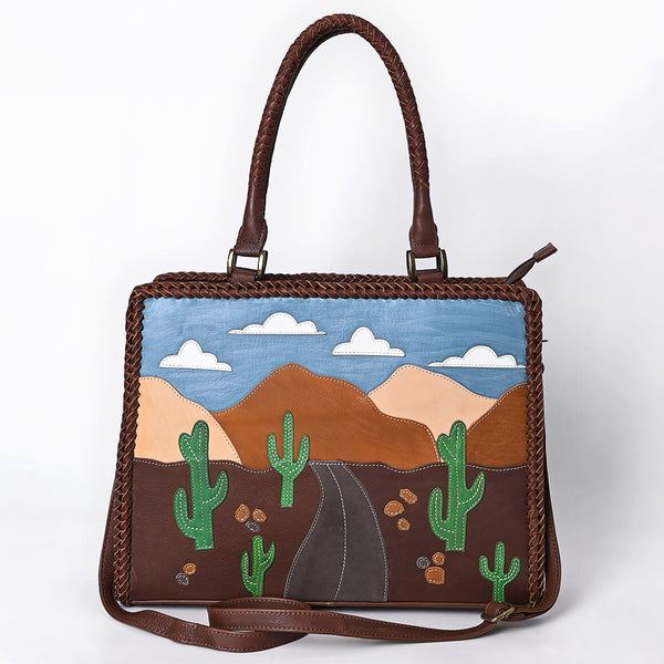 ADBGM489 Desert Road Applique Leather Tote - Western Cactus & Mountain Landscape Handbag