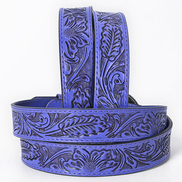 ADBL172 Hand-Tooled Purple Floral Western Leather Belt with Oval Buckle
