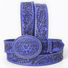 ADBL172 Hand-Tooled Purple Floral Western Leather Belt with Oval Buckle