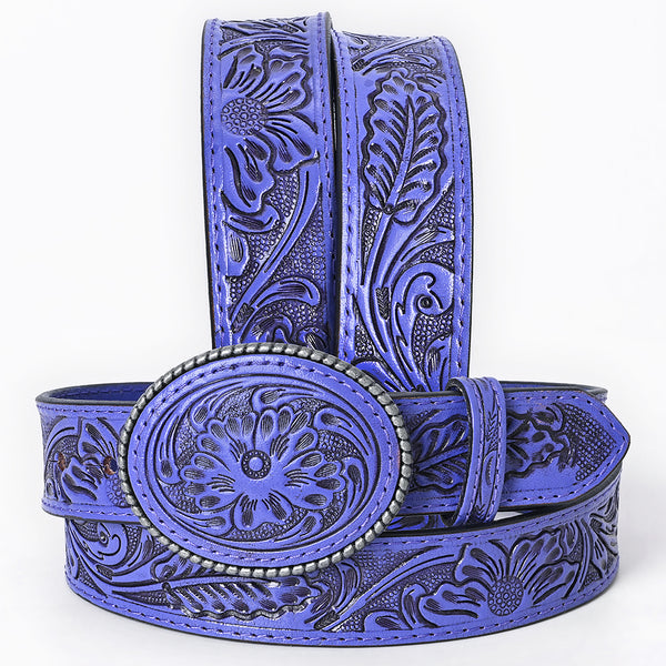 ADBL172 Hand-Tooled Purple Floral Western Leather Belt with Oval Buckle