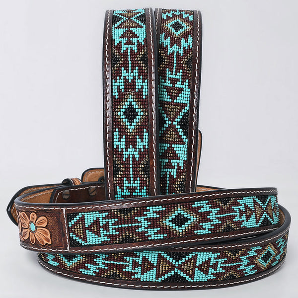 ADBLF269 Turquoise Beaded Navajo Western Belt with Tooled Bull Skull Buckle