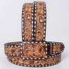 ADBLF277 Hand-Tooled Western Leather Belt - Vintage Floral with White Diamond Border with turquoise stud centers