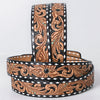 ADBLF279 Tooled Leather Western Belt - Black Inlay with Floral Design and White Edge