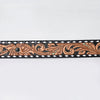 ADBLF279 Tooled Leather Western Belt - Black Inlay with Floral Design and White Edge