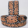 ADBLF279 Tooled Leather Western Belt - Black Inlay with Floral Design and White Edge