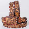 ADBLF282 Western Tooled Leather Belt - Chestnut Floral Scroll with White Diamond Edge