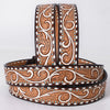 ADBLF286 Tooled Western Leather Belt - White Scroll with Turquoise Studs