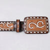 ADBLF286 Tooled Western Leather Belt - White Scroll with Turquoise Studs