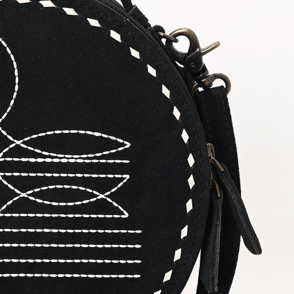 ADBG1549D American Darling Black Genuine Suede Western Canteen Bag with Stitch Detailing | Handcrafted Round Purse