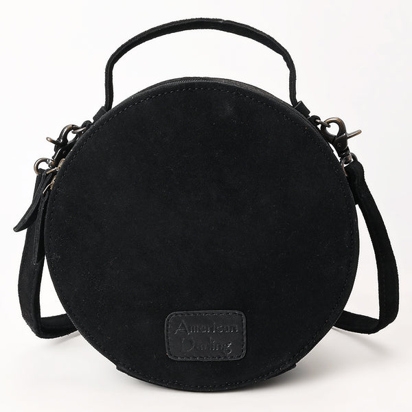 ADBG1549D American Darling Black Genuine Suede Western Canteen Bag with Stitch Detailing | Handcrafted Round Purse