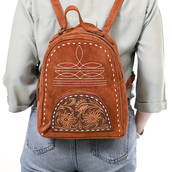 ADBG1574 American Darling Genuine Suede Leather Backpack Bag with Hand Tooled Floral Front & Buck Stitch Accents