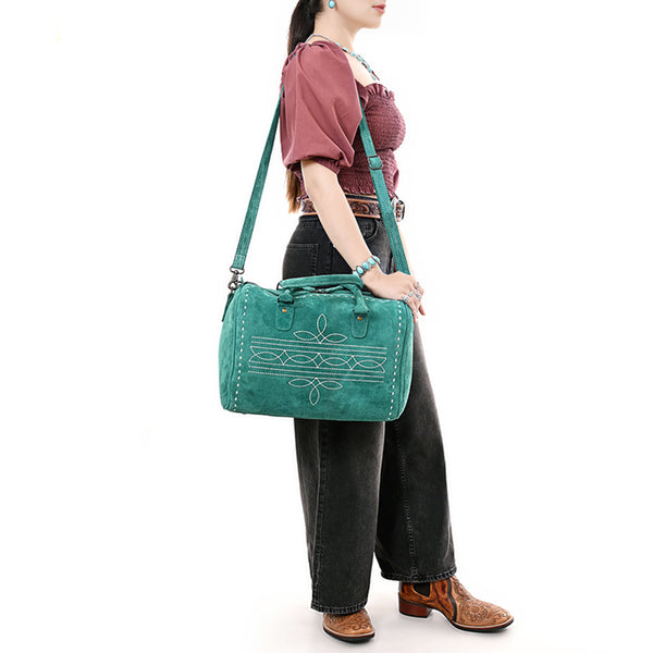 ADBG1585 American Darling Western Genuine Leather Duffel Bag with Genuine Suede Body & Boot-Stitched Detailing