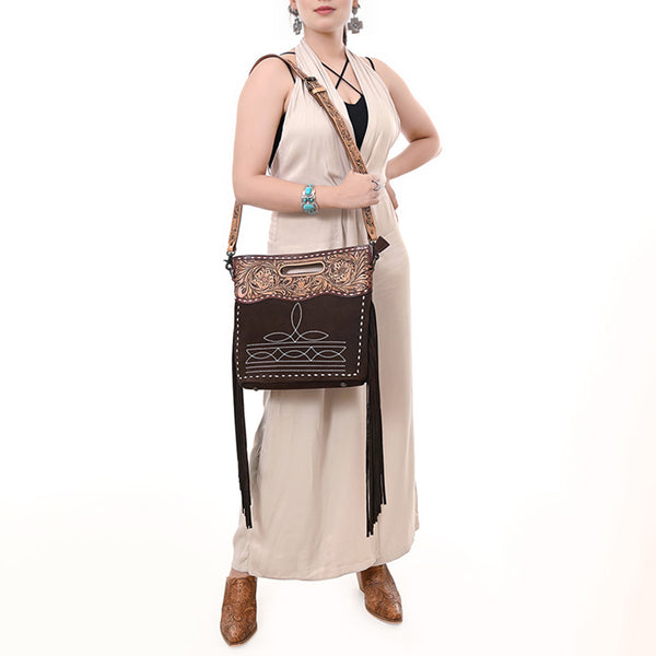 ADBG1584 American Darling Hand-Tooled Western Leather Cross Body Bag with Fringe & Carved Detailing