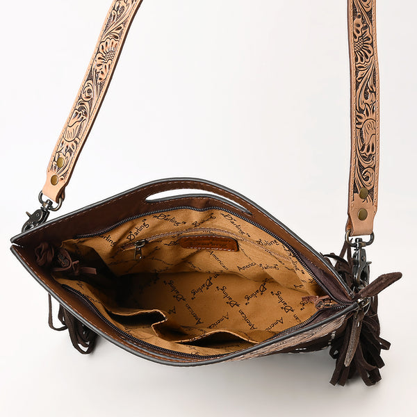 ADBG1584 American Darling Hand-Tooled Western Leather Cross Body Bag with Fringe & Carved Detailing