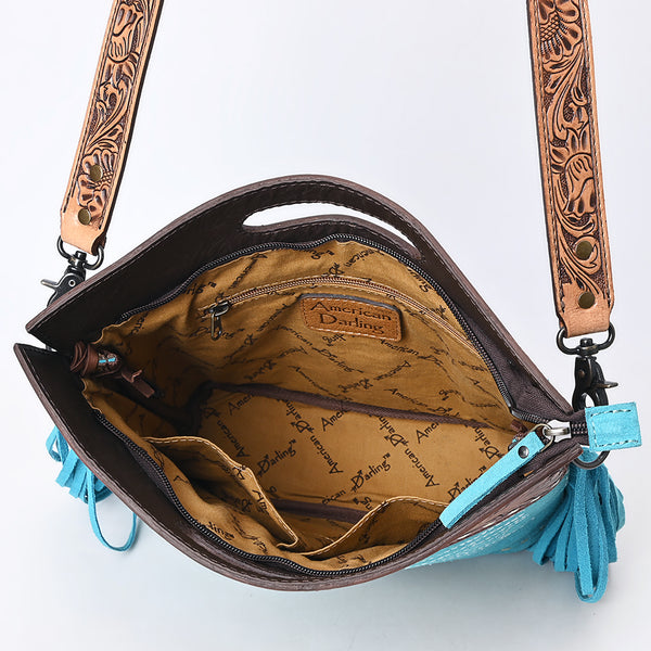 ADBG1584 American Darling Hand-Tooled Western Leather Cross Body Bag with Fringe & Carved Detailing