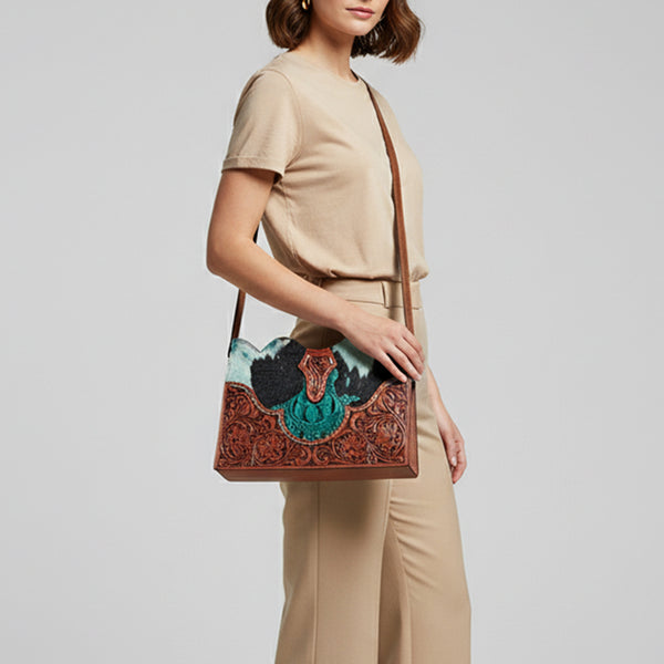 ADBG1586 American Darling Hair-On Cowhide Western Leather Cross Body Bag with Tooled Floral Detailing