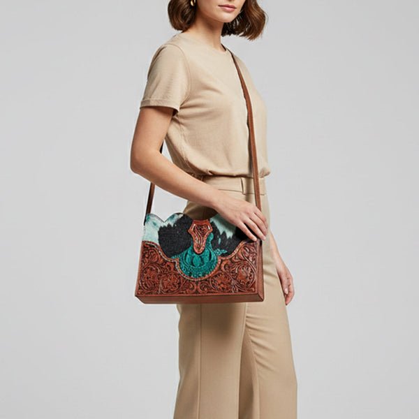 ADBG1586 American Darling Hair-On Cowhide Western Leather Cross Body Bag with Tooled Floral Detailing