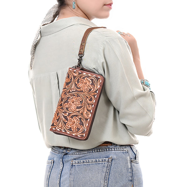 ADBG1591 American Darling Hand-Tooled Leather Wristlet Bag with Floral Carving & Western Buck Stitching