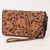 ADBG1591 American Darling Hand-Tooled Leather Wristlet Bag with Floral Carving & Western Buck Stitching