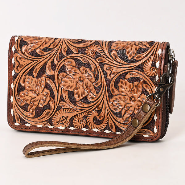 ADBG1591 American Darling Hand-Tooled Leather Wristlet Bag with Floral Carving & Western Buck Stitching