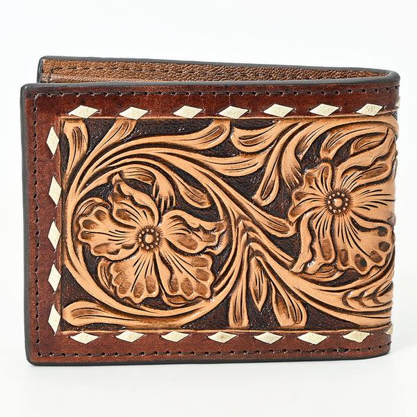 ADBG1592 American Darling Hand-Tooled Leather Wallet Hand Bag with Western Buck Stitching & Floral Detailing