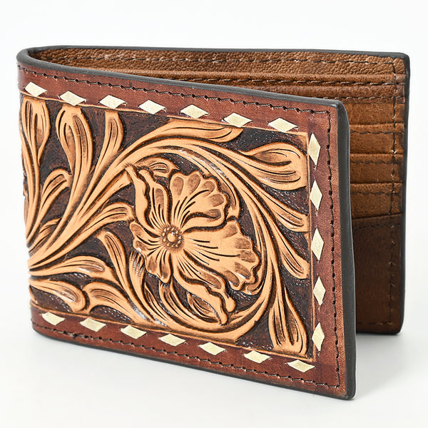 ADBG1592 American Darling Hand-Tooled Leather Wallet Hand Bag with Western Buck Stitching & Floral Detailing