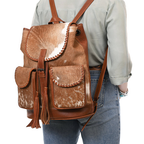 ADBG1596 American Darling Western Genuine Leather Backpack Bag with Hair-On Cowhide and Tassel Detailing