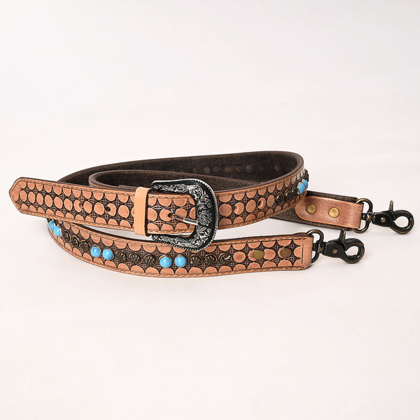 ADBT146 Tooled Leather Bag Strap with Turquoise Beads & Western Buckle - Adjustable Handcrafted Replacement